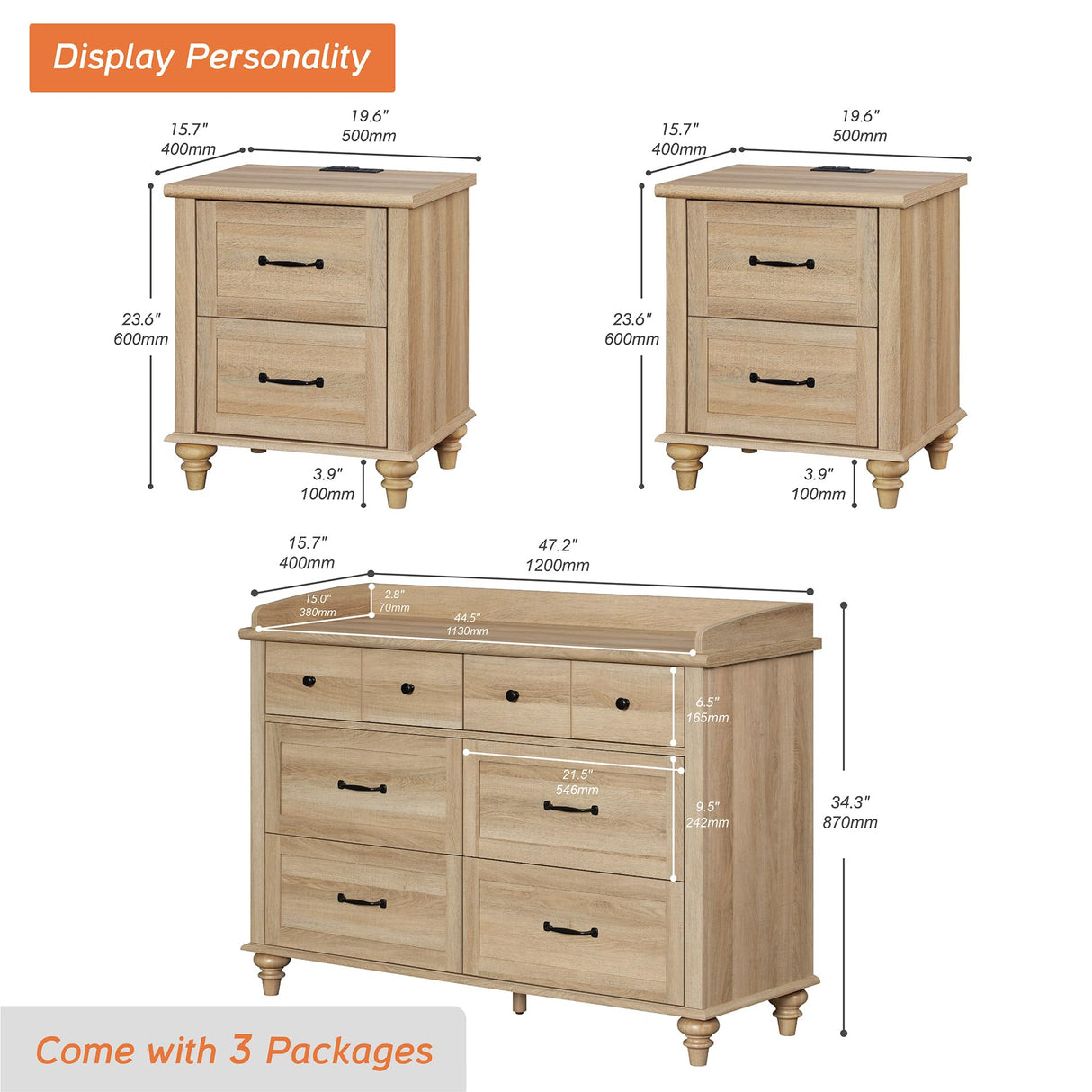 3 Piece Dresser and Nightstand Sets, Farmhouse Dresser & Chest of Drawers