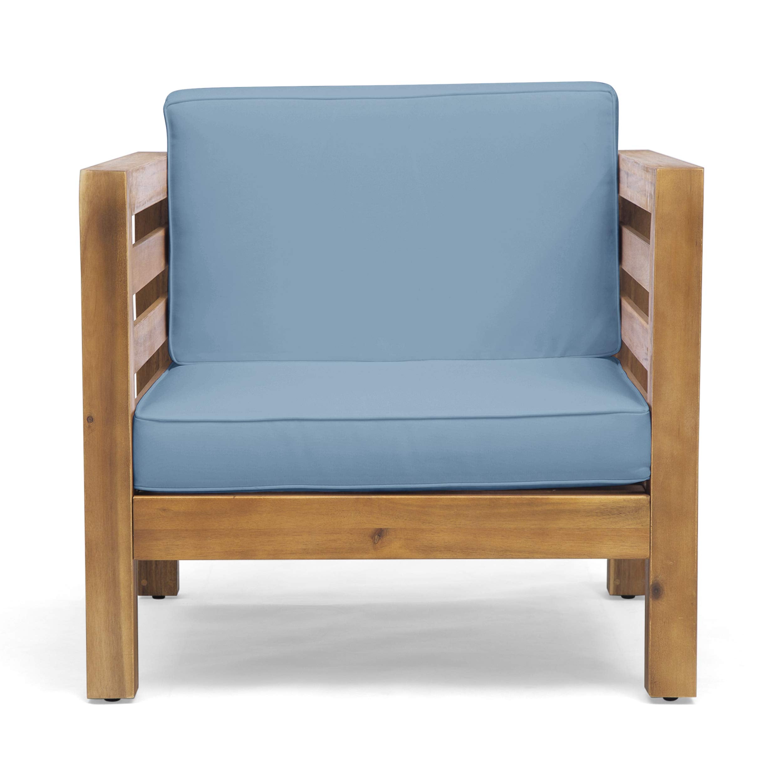 308364 Patio Dining Chairs, Teak Finish + Blue