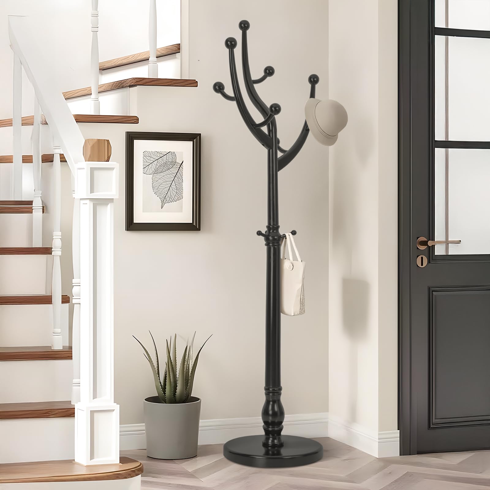 Wood Coat Rack Coat Tree Freestanding with Hooks, Heavy Duty Standing Coat Rack