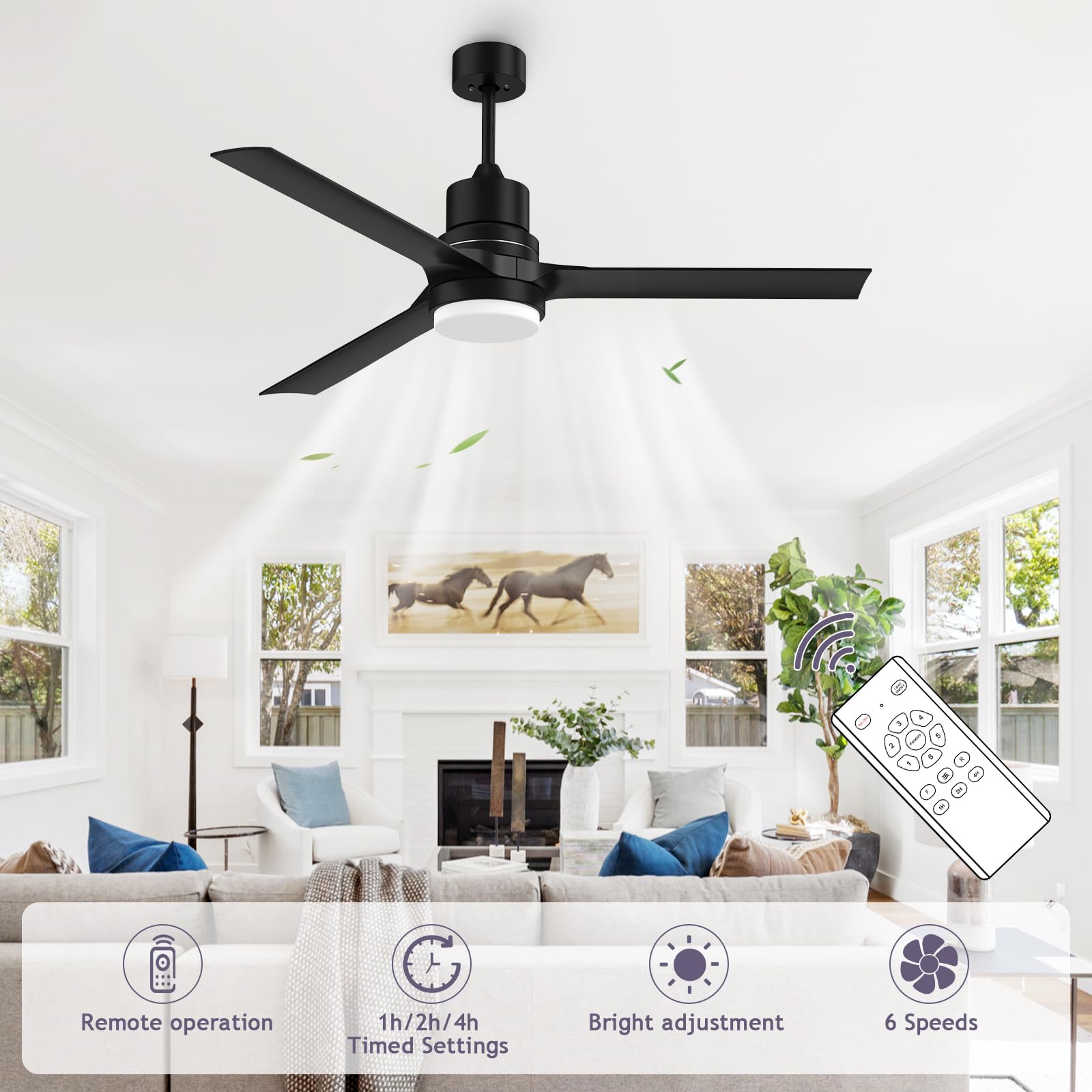 Ceiling Fans with Lights and Remote, 52 Inch Black Ceiling Fan with Remote