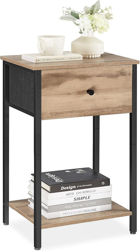 Nightstands, Set of 2, Side Table with Fabric Drawer, 24-Inch Tall End Table with Storage Shelf, Bedroom, Greige and Black ULGS221B02