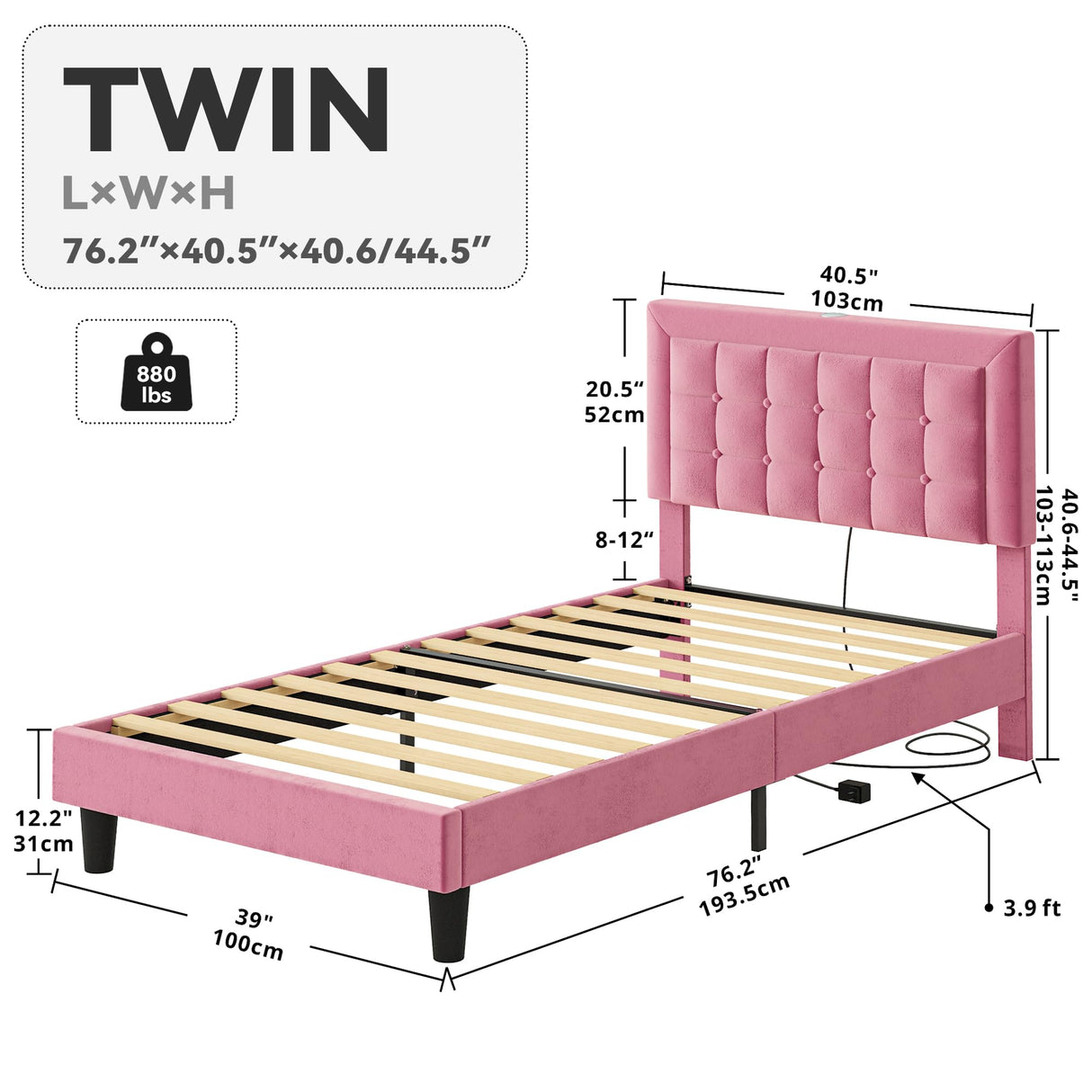 Twin Bed Frame with USB Ports, Velvet Upholstered Platform Bed with Height Adjustable