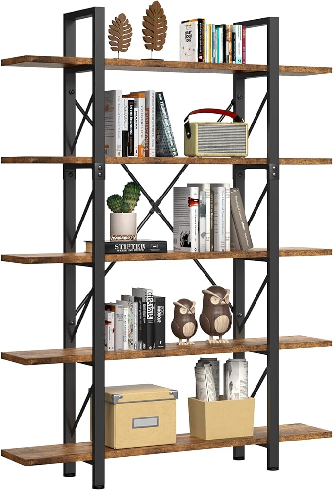5 Tier Bookshelf, 70.9" Tall Industrial Bookcase, Wide Open Display Storage Book Shelf