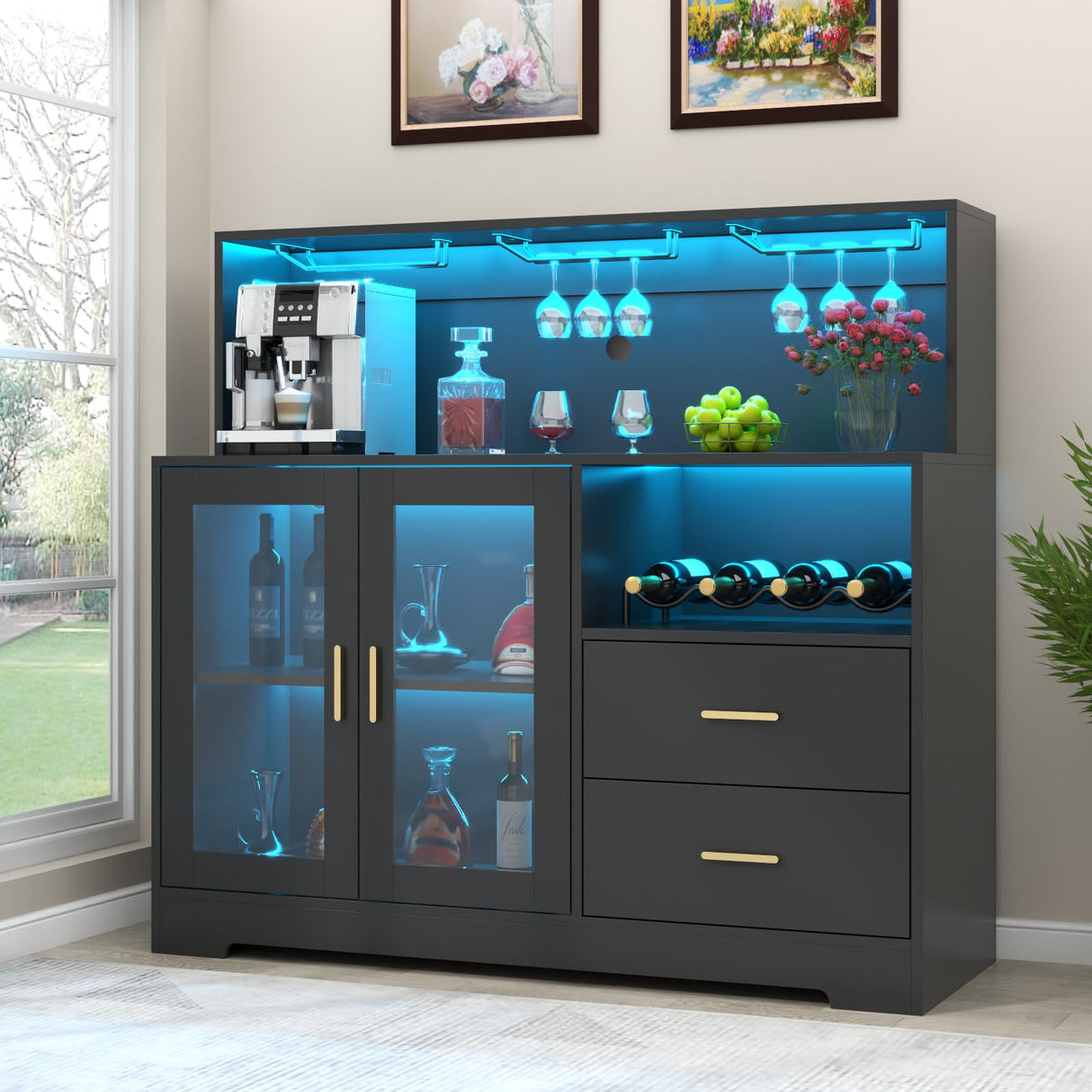 Wine Bar Cabinet with LED Light, Home Coffee Cabinet with Wine and Glass Rack