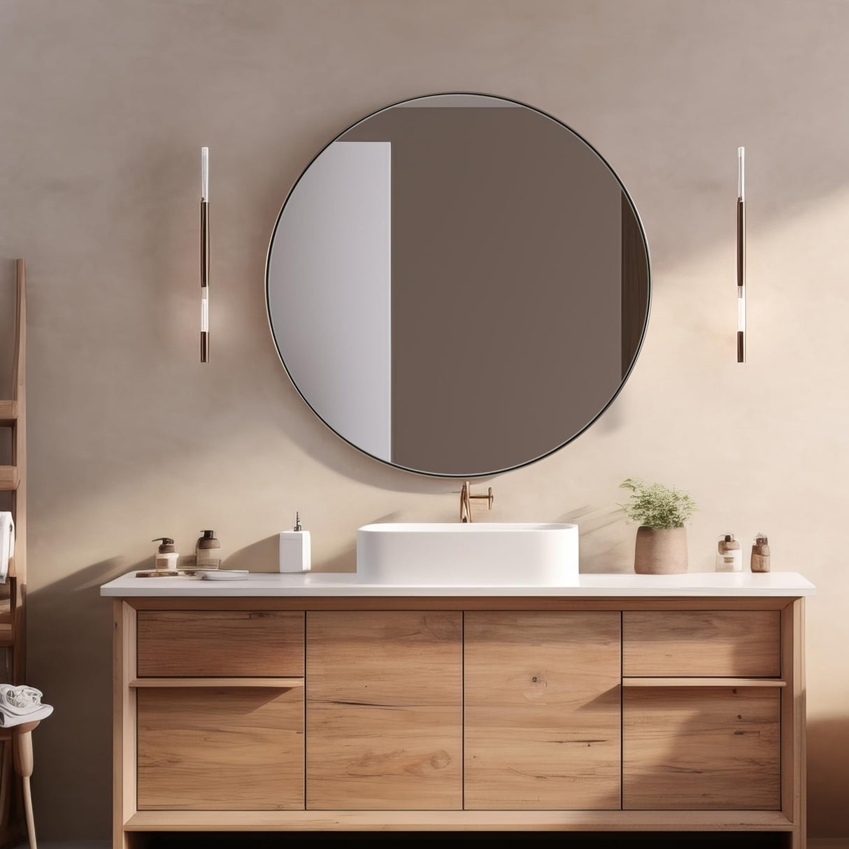 Round Bathroom Mirror, 24’’ Brushed Silver Round Bathroom Mirrors in Stainless Steel