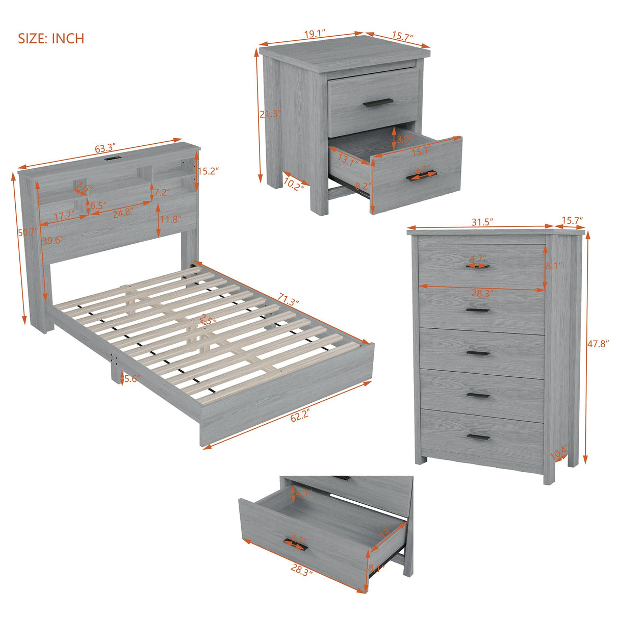 4-Pieces Bedroom Sets, Queen Size Platform Bed Frame with 2 Nightstands and 1 Dresser,