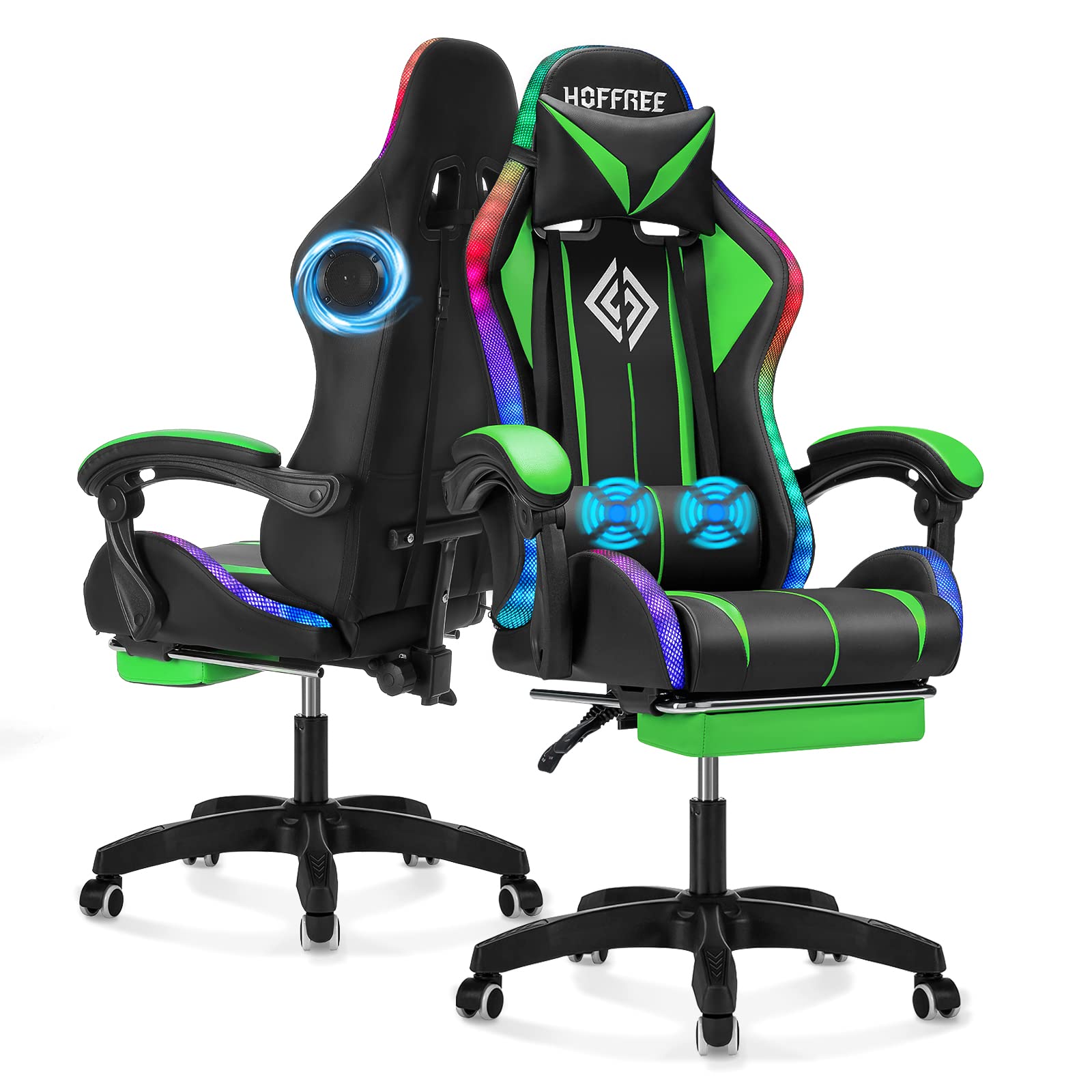 Ergonomic Gaming Chair with Massage, Bluetooth Speakers & LED Lights