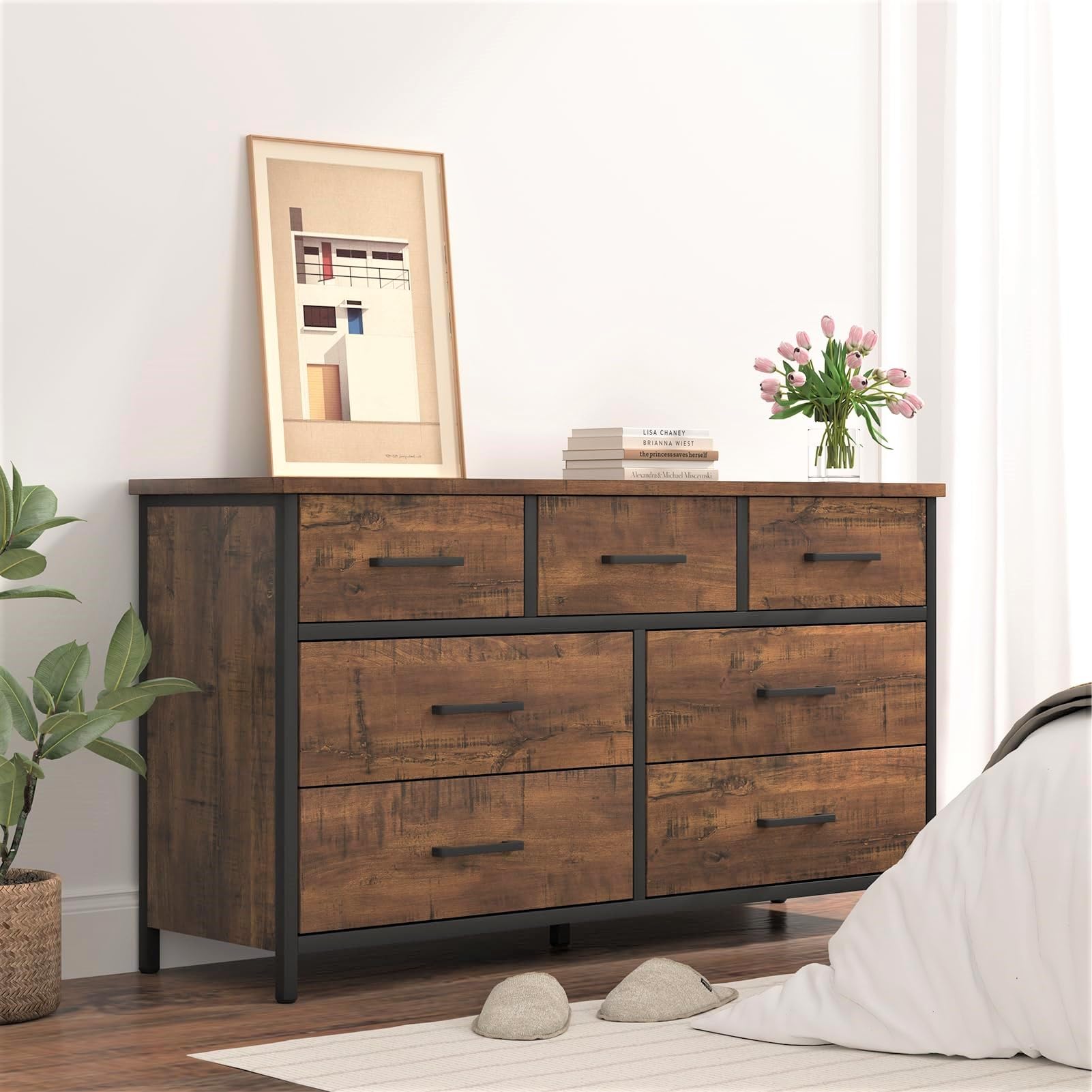 7 Drawer Dresser for Bedroom, Industrial Wood Storage Dressers