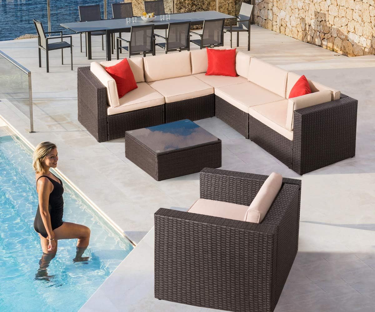 7 Pieces Outdoor Patio Furniture Sofa Set, All Weather PE Rattan Wicker Sectional Sets