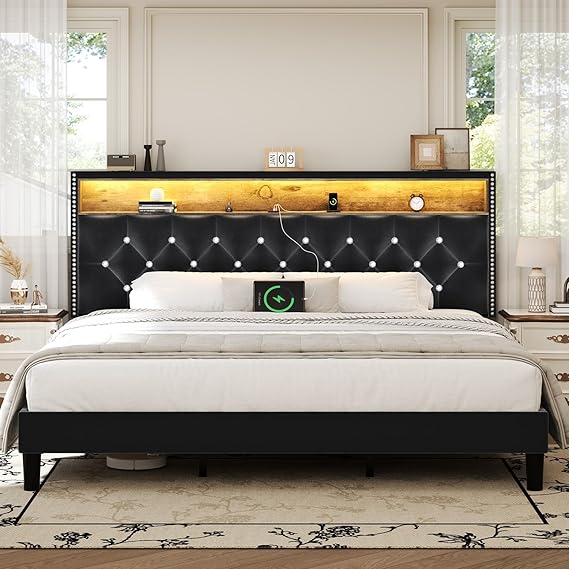 King Size Bed Frame with LED Lights and Storage Headboard