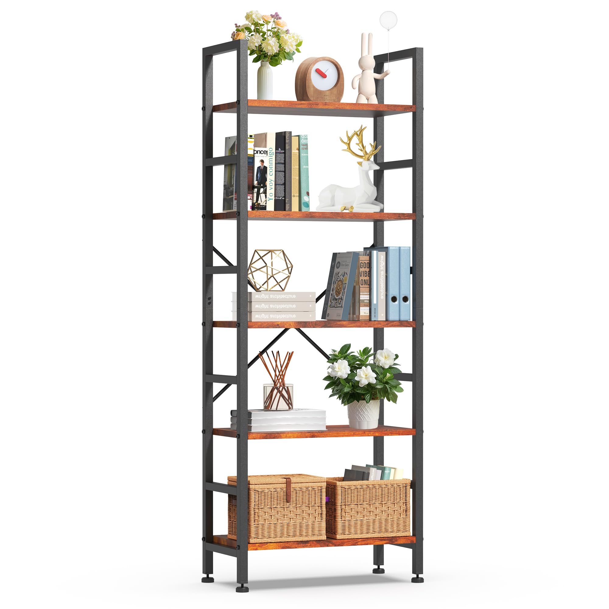 Simple Deluxe Book Shelf, 5 Tier Bookcase, Tall Bookshelf Display Storage Shelf for Books, Movies, Cd, Industrial Corner Book Case Modern Organizer for Bedroom Kitchen Office Living Room Rust Brown