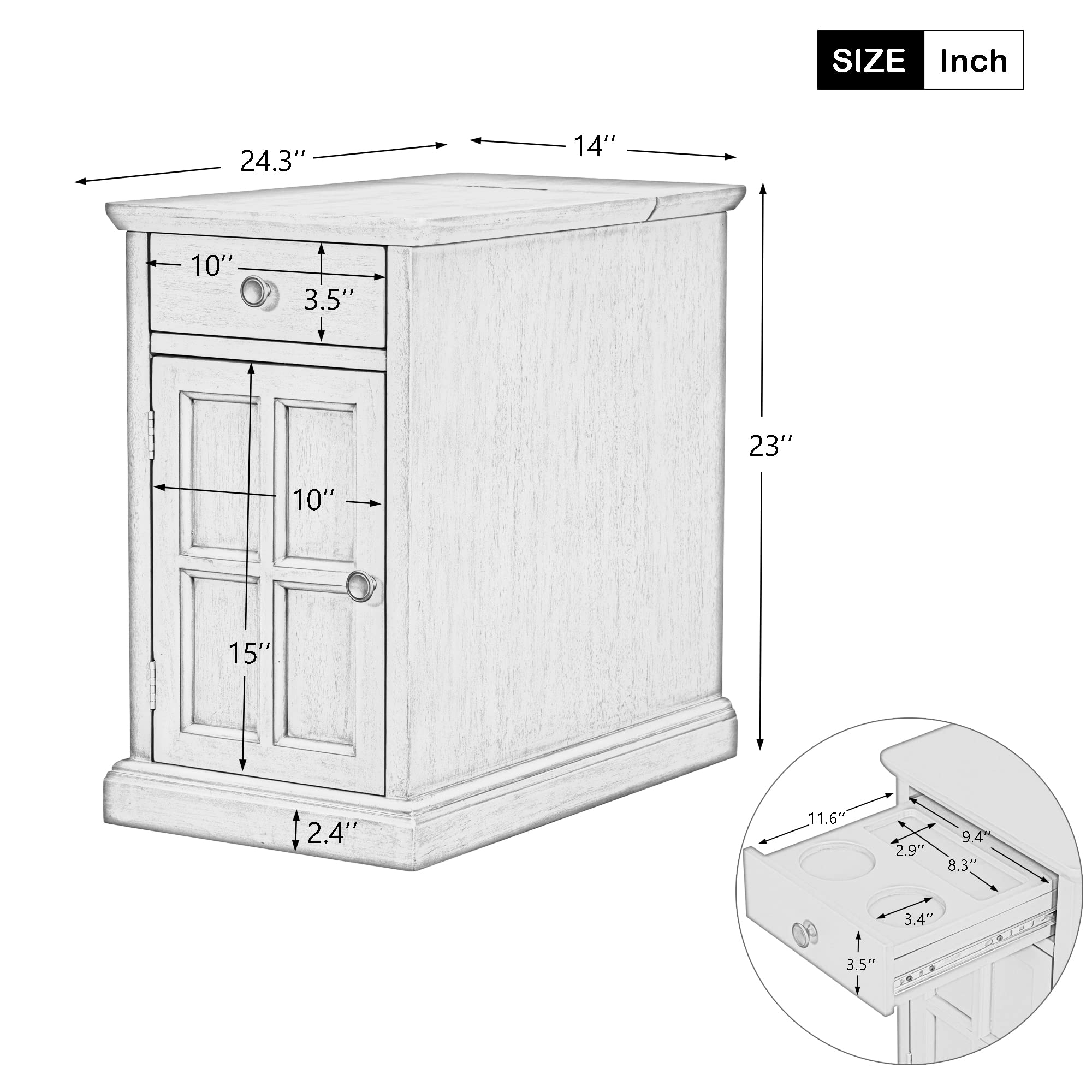 Traditional Wood End Table with Charging Station, Modern Vintage Sofa Chair Side Table Nightstand with Storage & Drawer for Living Room Bedroom, No Assembly, Antique Espresso