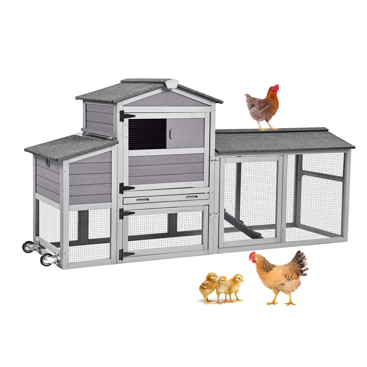 80in Chicken Coop Mobile Hen House Outdoor Wooden Poultry Cage