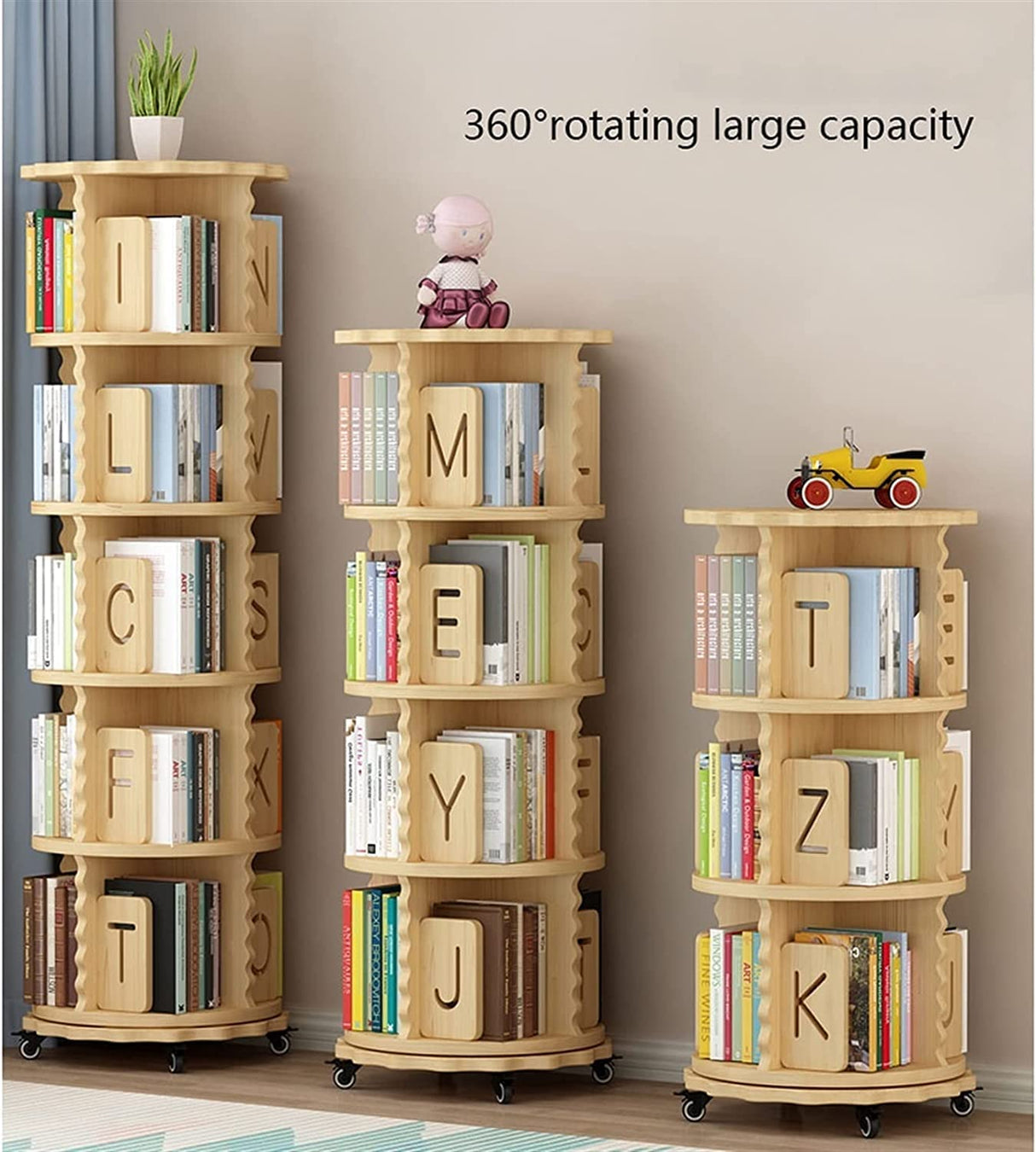 ZUMAHA Storage Shelf 360° Rotating Bookcase with Letters Baffle Solid Wood Bookshelf Double-Layer Chassis Design Display Shelves for Bedroom Sturdy