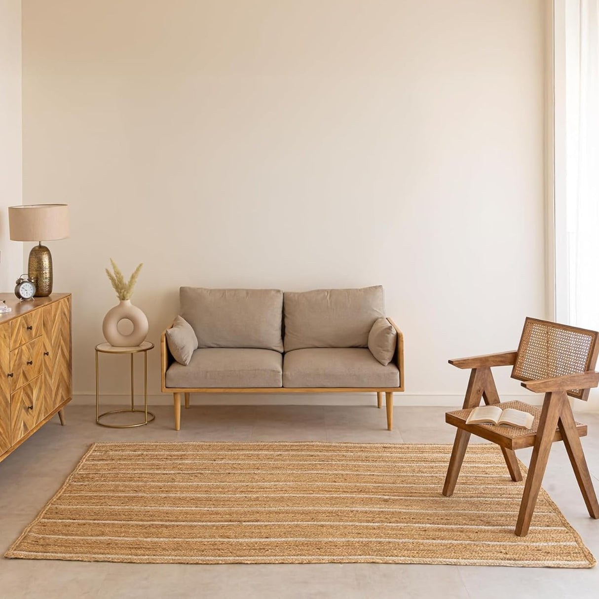 Natural Braided Jute Area Rug 8x10 - Off White Stripe Reversible