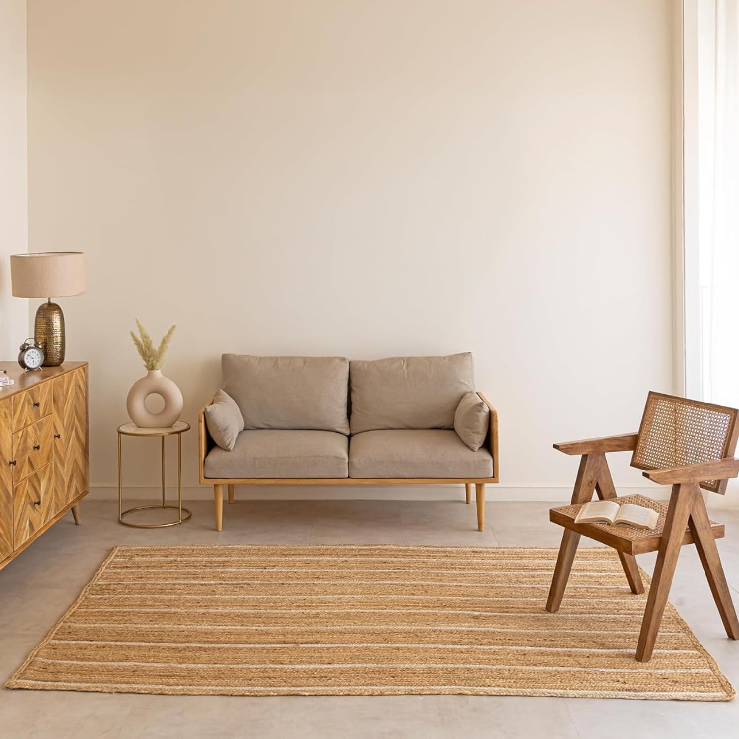 HOMEMONDE Natural Braided Jute Area Rug - 8'x10' Off White Stripe Eco Friendly Premium Fiber - Durable and Reversible Boho Farmhouse Decor Rugs for Living Room, Bedroom, Dinning Room, Kitchen, Office