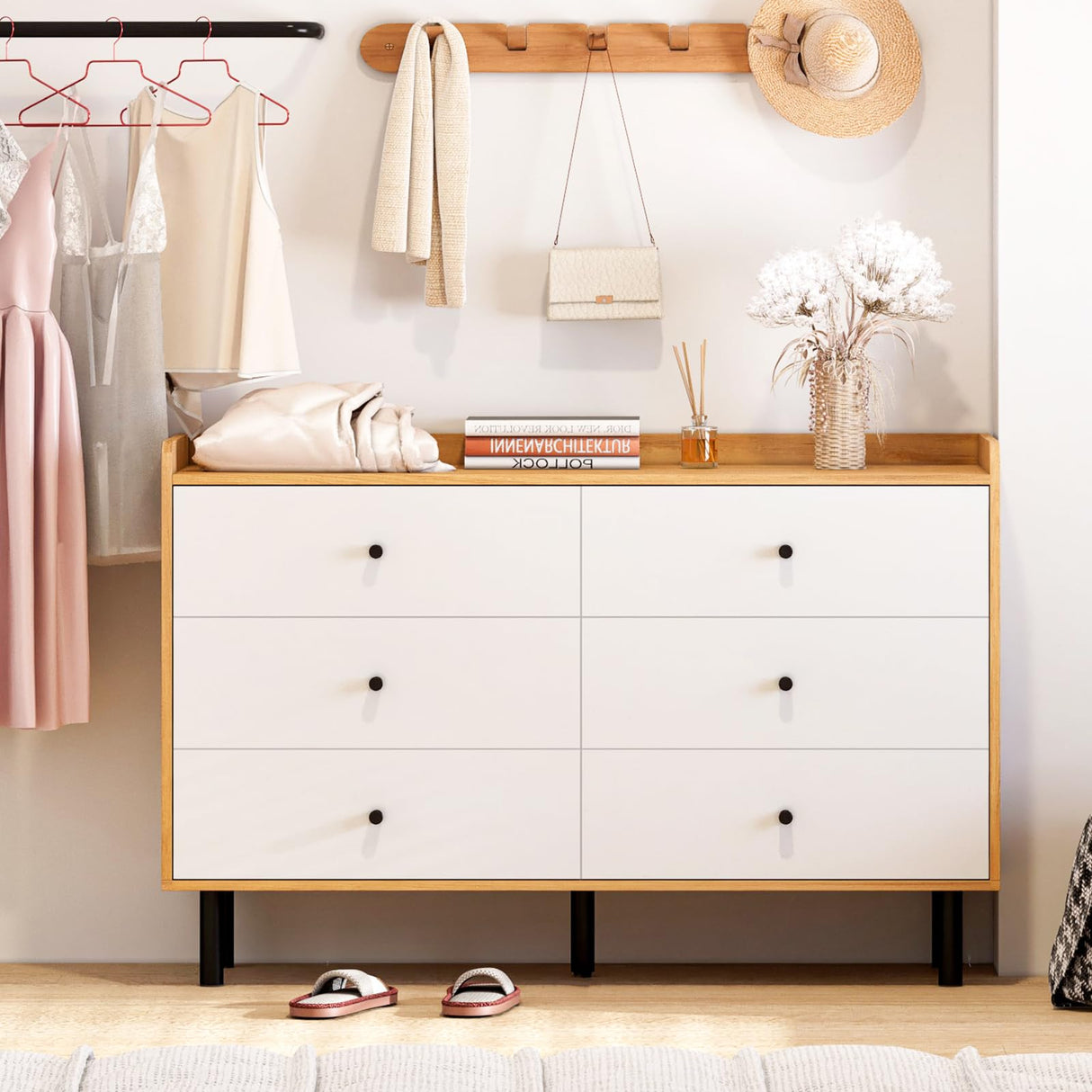 Dresser for Bedroom with 6 Drawers and Metal Handle,Sturdy Frame Modern