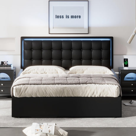 Queen Bed with Storage, LED Lights,Modern Tufted Upholstered Platform Bed