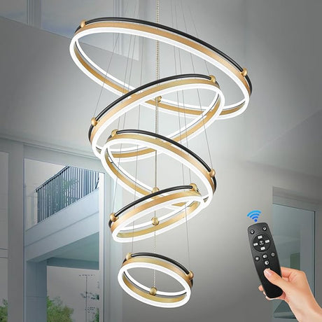 10-Rings Modern LED Chandelier Black Gold Large Dimmable Remote Chandeliers Lighting for Foyer,