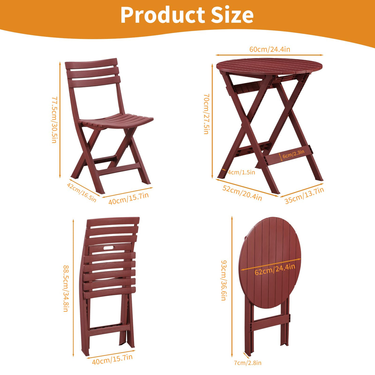 TAO ONE Patio Bistro Set, 3 Piece Plastic Folding Bistro Set, Portable Outdoor Patio Table and Chairs Set, Foldable Patio Furniture Set for Balcony, Porch, Backyard, Garden,Poolside (Red)