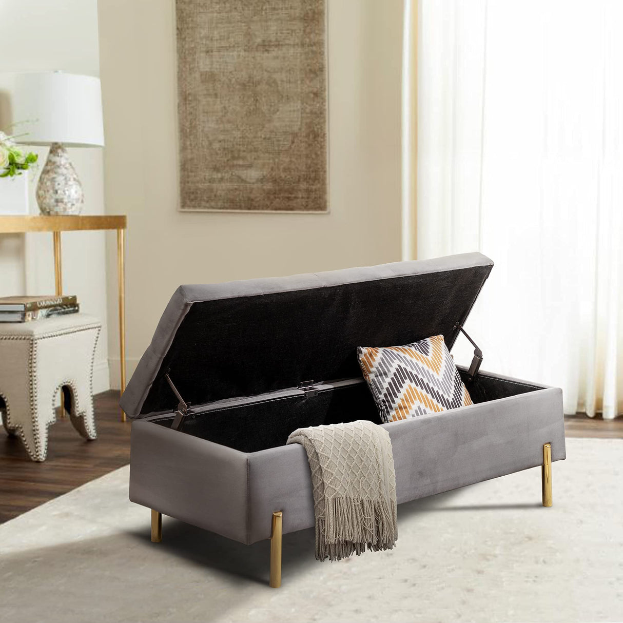 Upholstered Storage Bench Velvet Bed Bench with Storage Entryway Bench