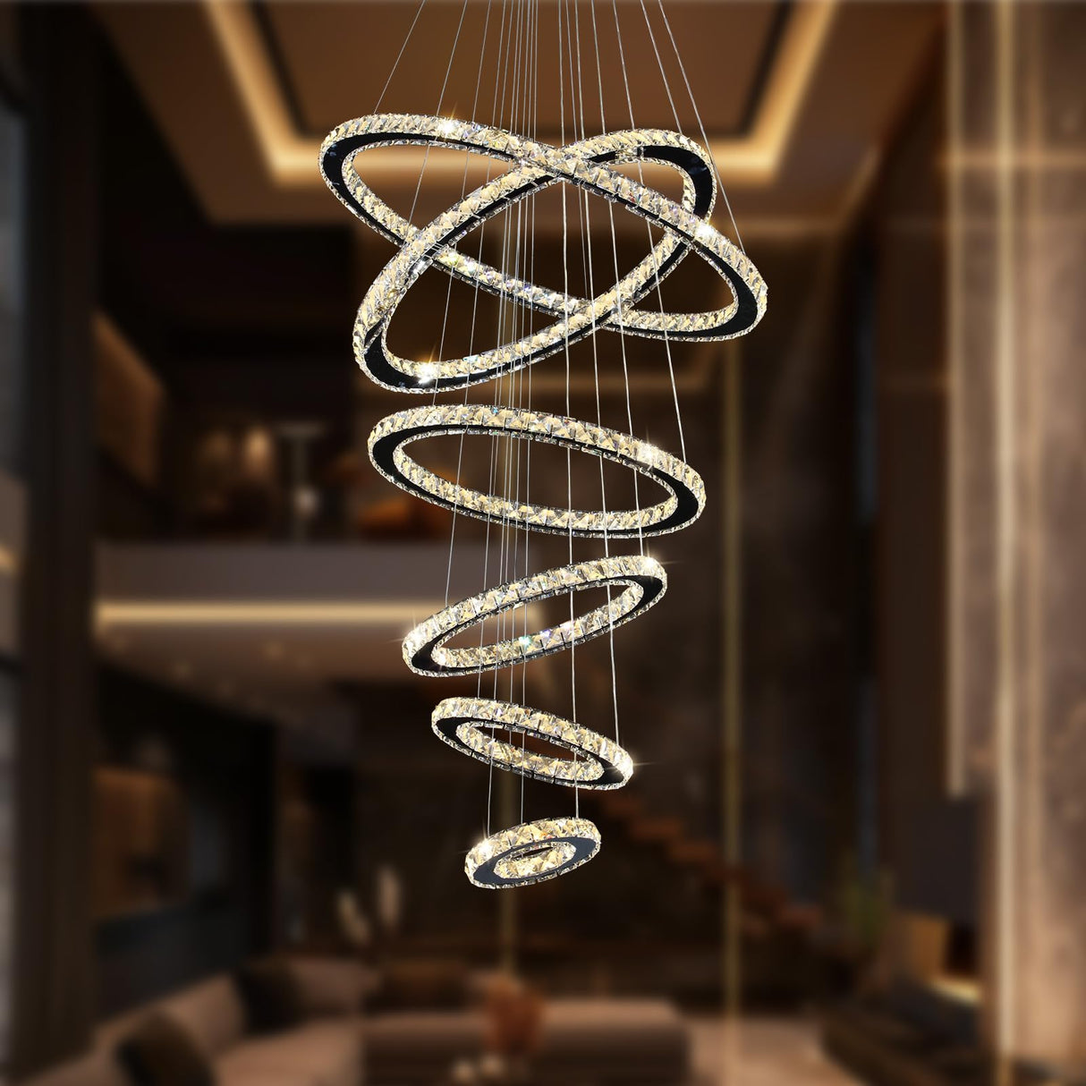 Modern Crystal Chandelier Lighting, 6 Ring Chandelier LED Ceiling Lights Fixtures