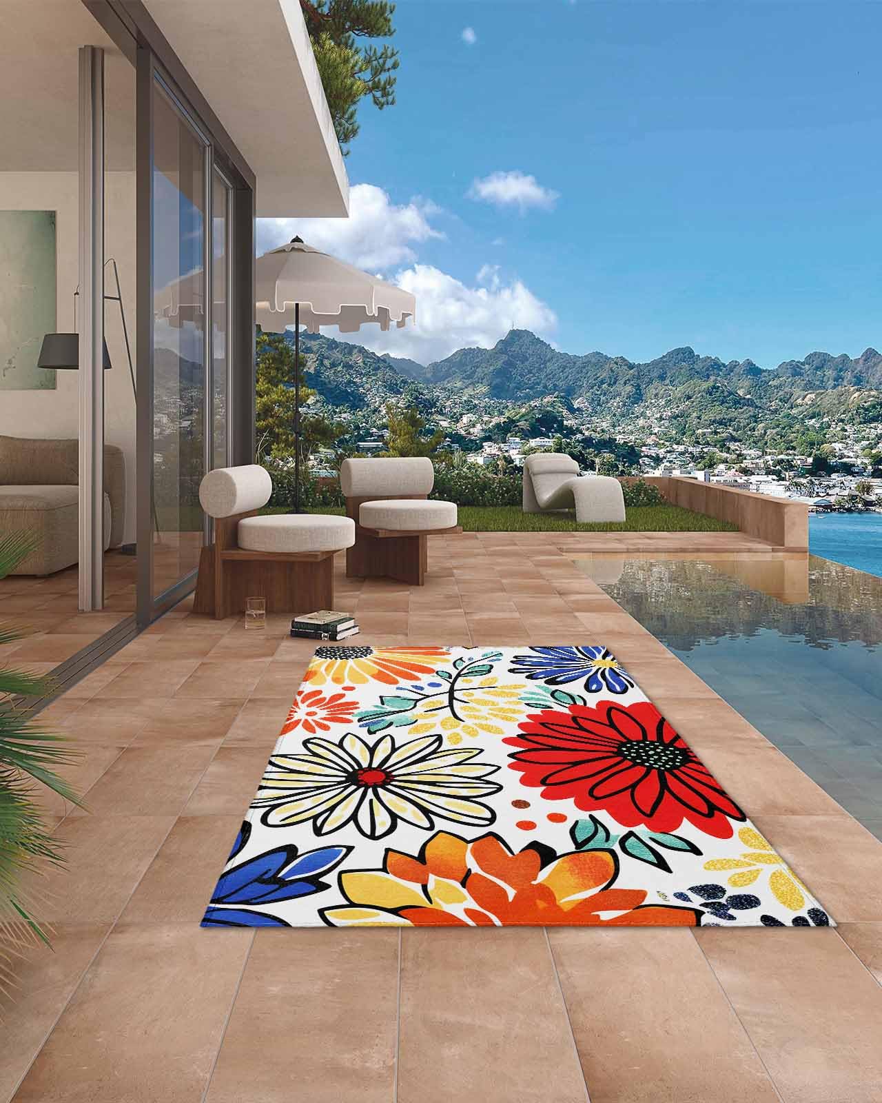 Outdoor Rug 5' x 8', Spring Floral Large Non Slip Area Rugs Washable Floor Mat