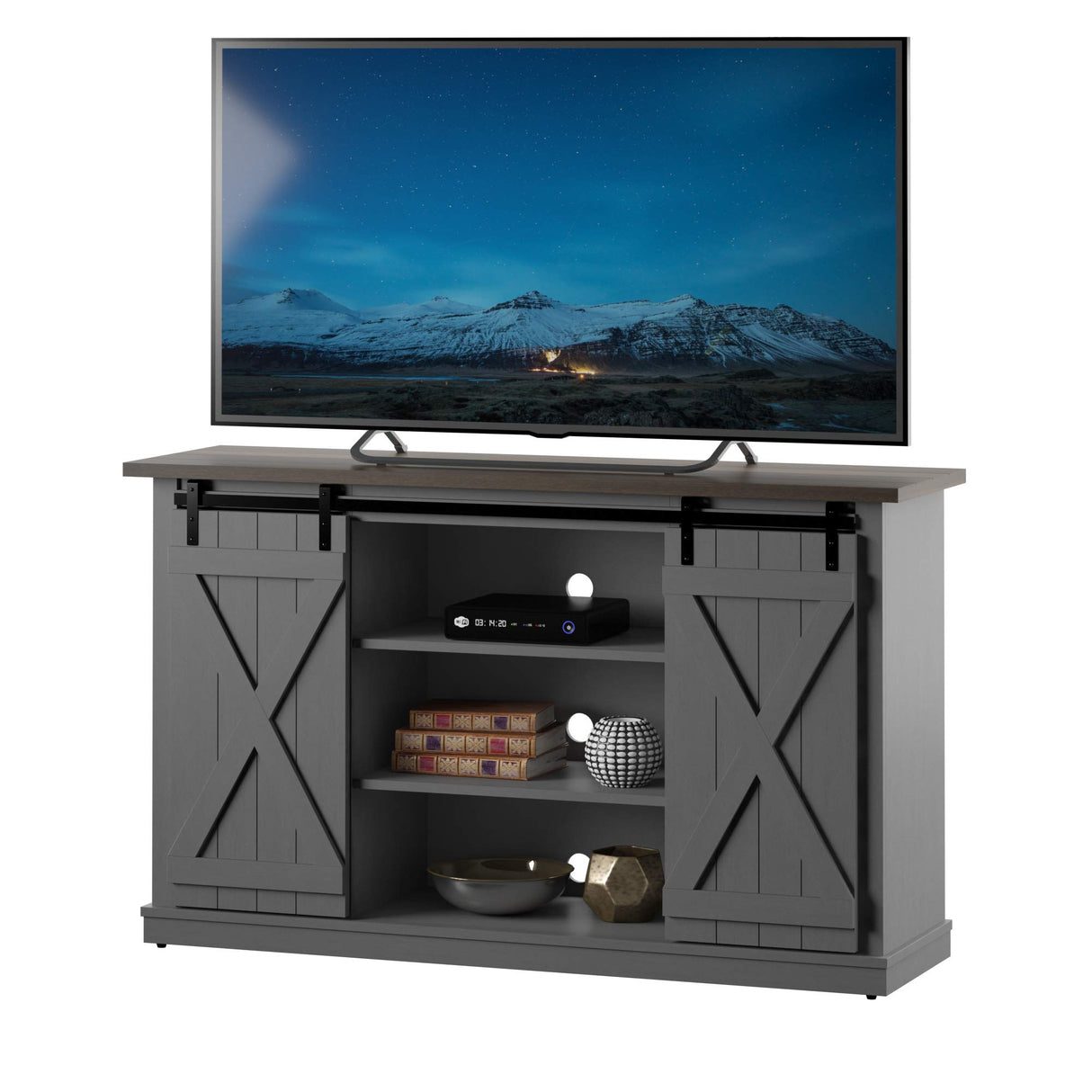 Twin Star Home Cottonwood Stand for TVs Up to 60" with Sliding Barn Doors, Antique Gray