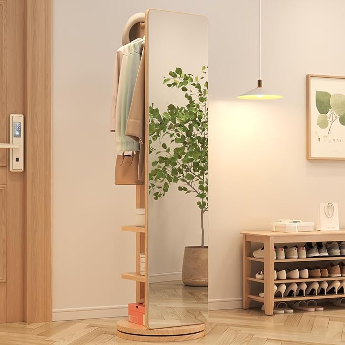 Wood Oversized Floor Mirror with Coat Rack, Full Body Mirror