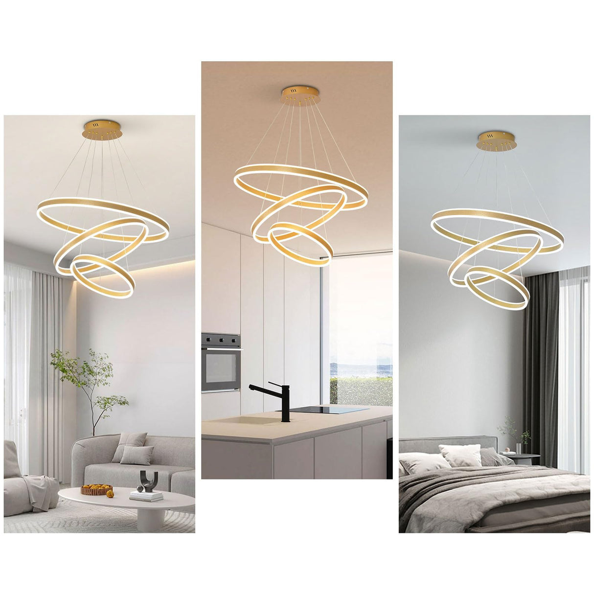 Modern LED Chandelier, 3 DIY Rings Dimmable Ceiling Pendant Lighting with Remote