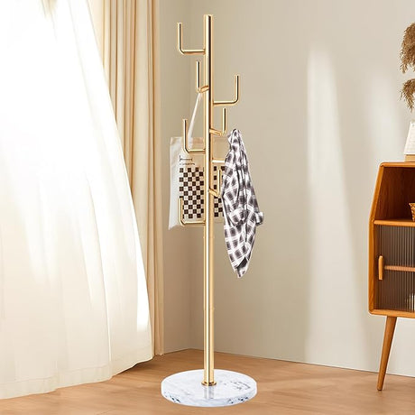 Modern Metal Coat Rack Stand with Natural Marble Base, Heavy Duty Coat Rack