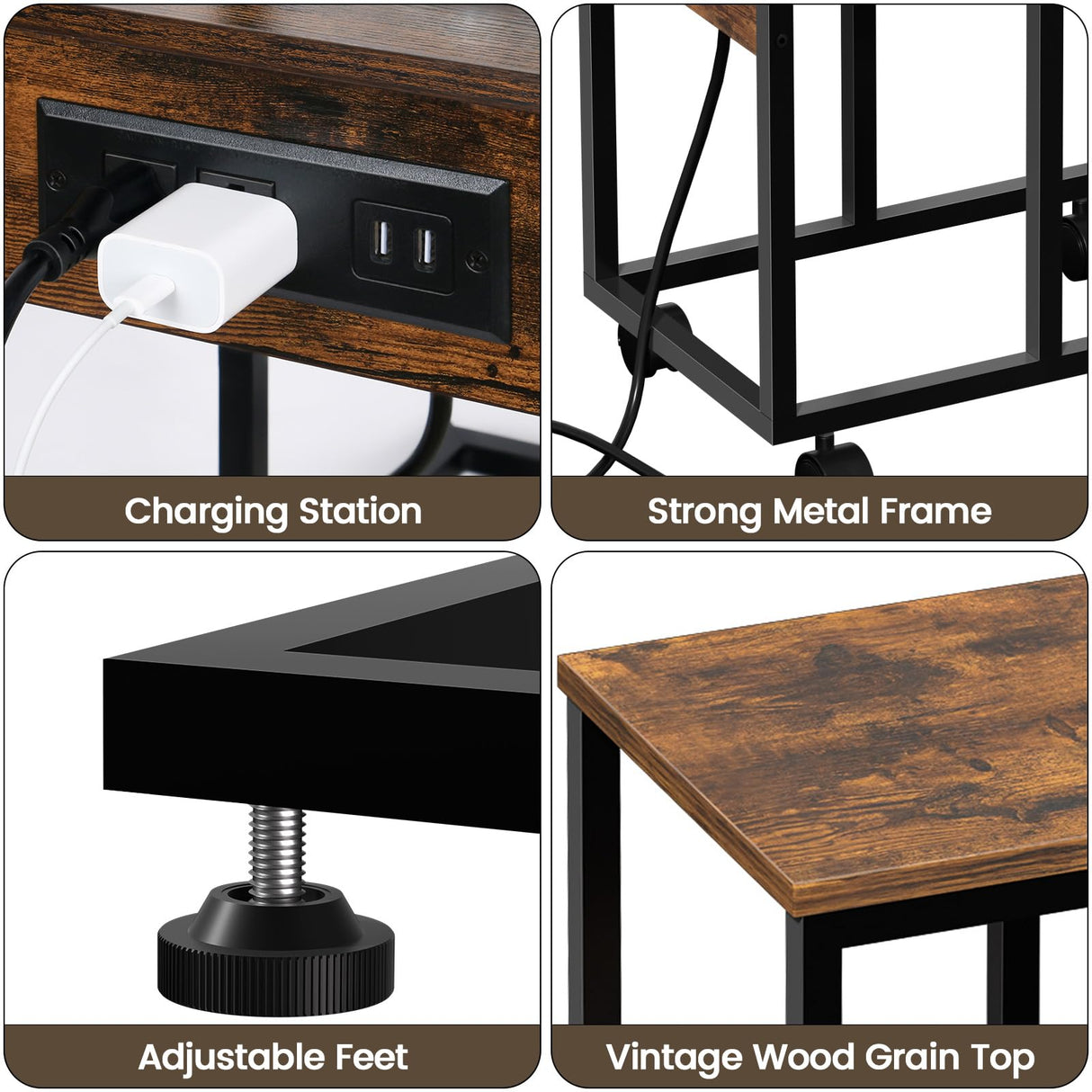 C Shaped End Table, Side Table with Charging Station, Nightstand, Sofa Table