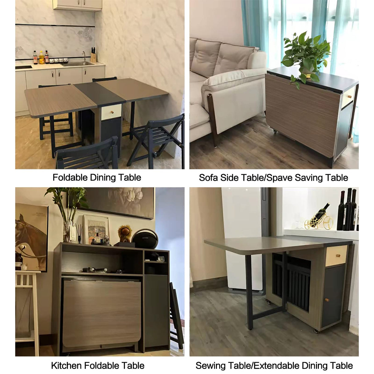 Folding Dining Table with Storage Rack and 2 Drawers