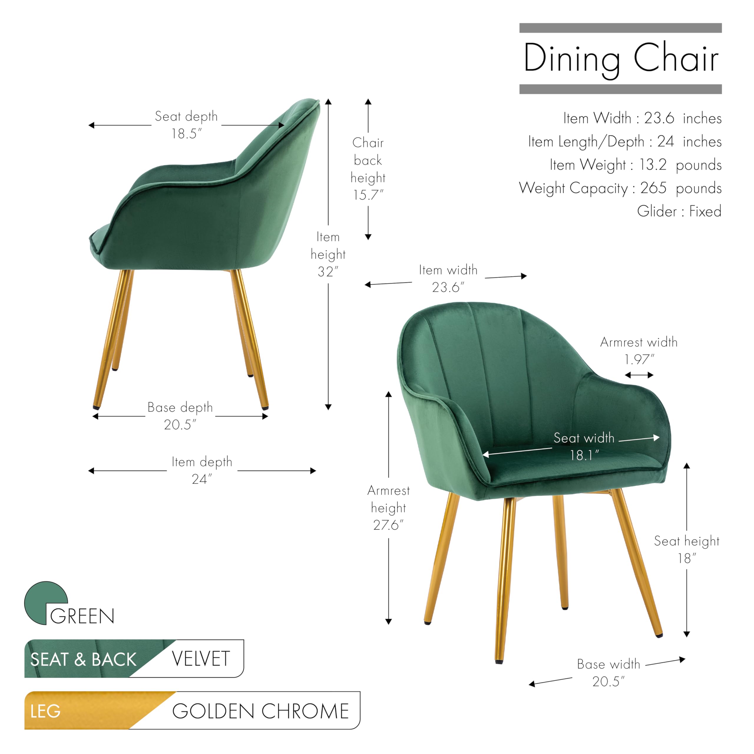 Yari Dining Room Chair with Luxurious Velvet Upholstery and Gilded Chrome Legs (Sleek