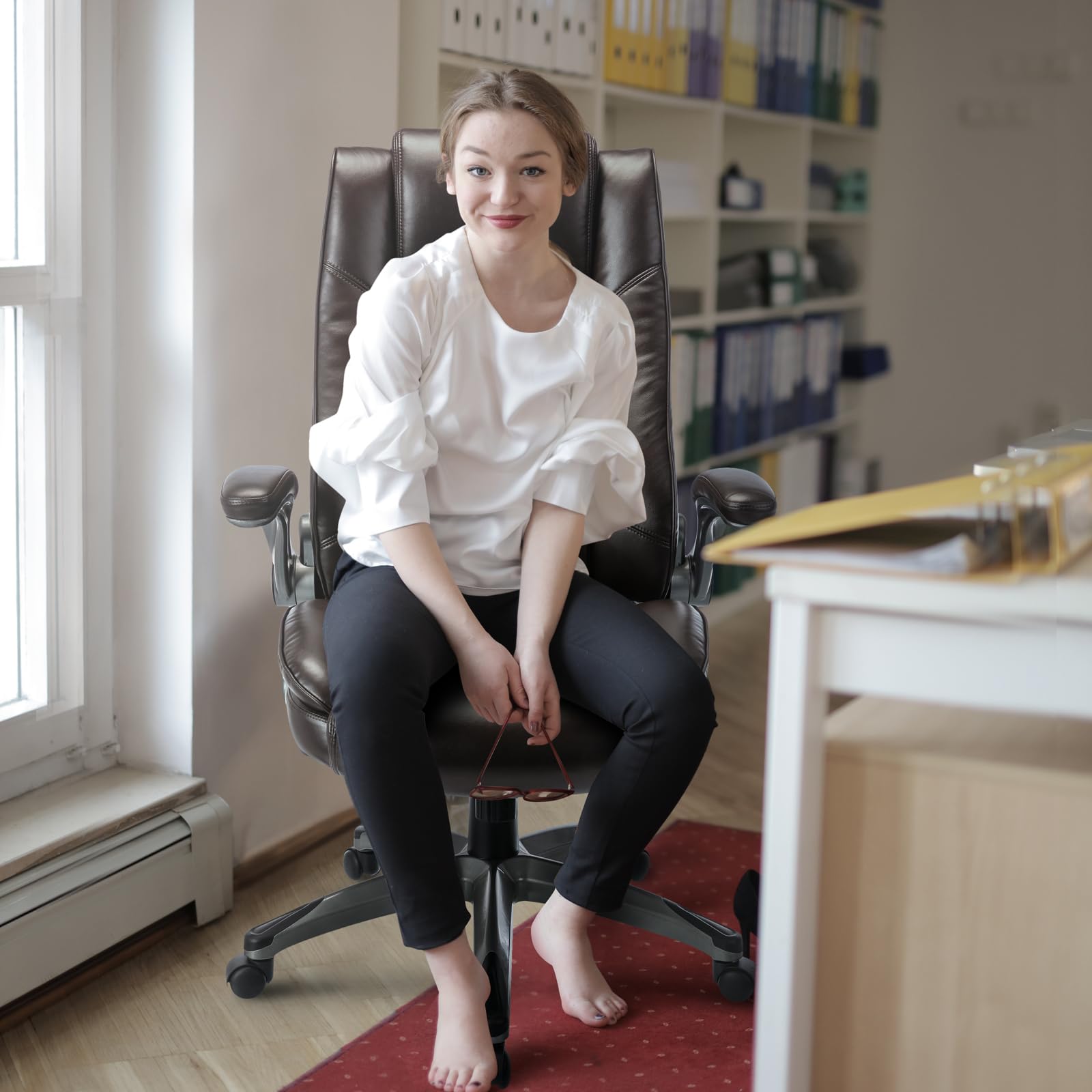 Leather Executive Office Chair - High Back Ergonomic Desk Chair with Flip-Up Arms