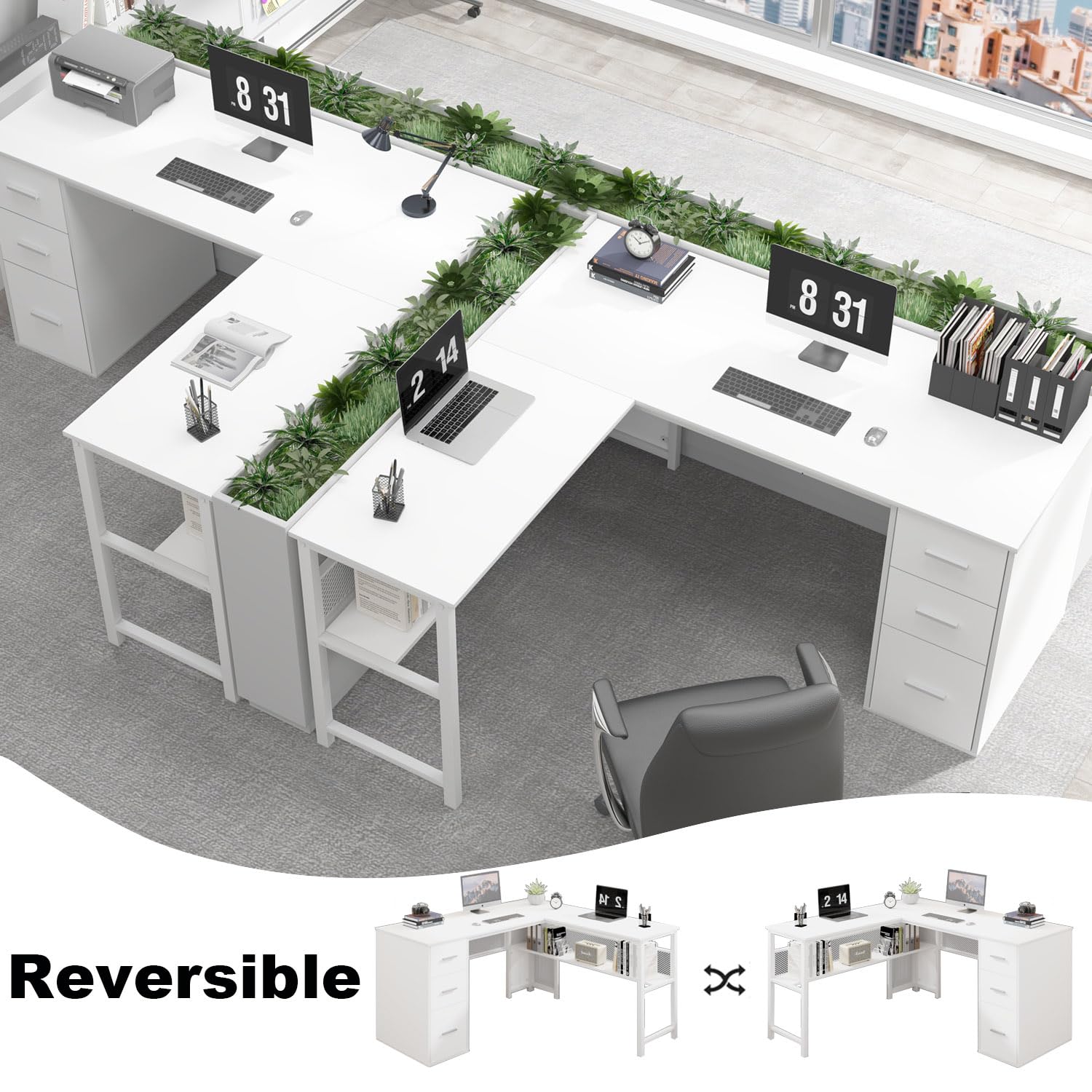 White L shaped Corner Desk with Drawers, Reversible Modern L-Shaped Computer Desk