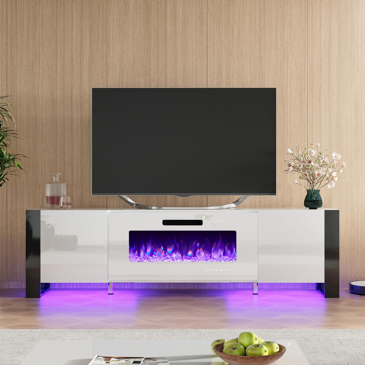 Fireplace TV Stand with 36" Fireplace, 70" Modern High Gloss Entertainment