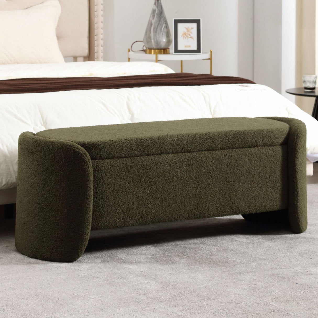 Green Boucle Storage Bench 50" Sherpa End of Bed Storage Ottoman Bench