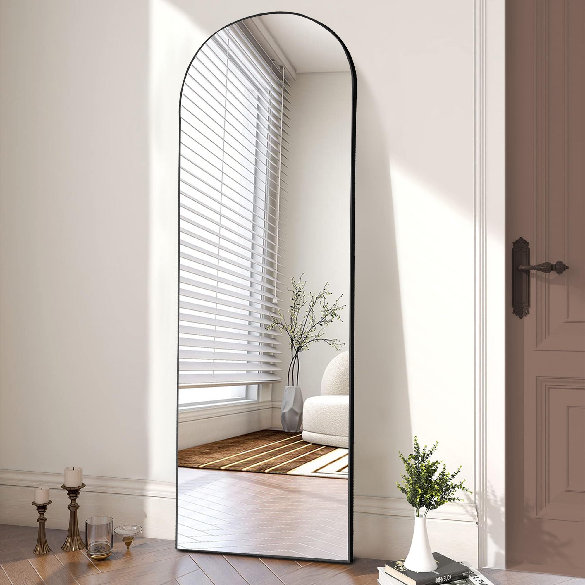 Arched Full Length Mirror 64.1" x 21.5" - Black Aluminum Frame Floor Standing
