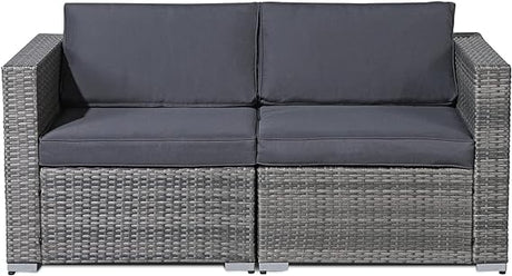 Outdoor Wicker Loveseat 2 Pieces, All Weather Grey PE Rattan Sectional Corner Sofa Set