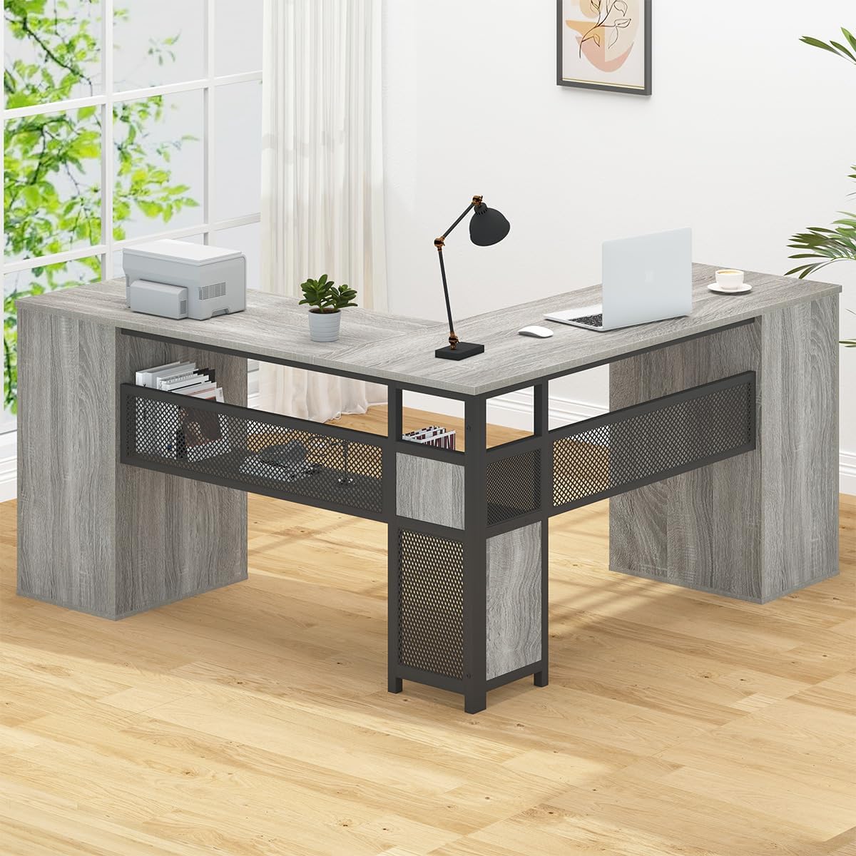 Large L Shaped Desk with Storage File Cabinet，Corner L-Shaped Computer Desk