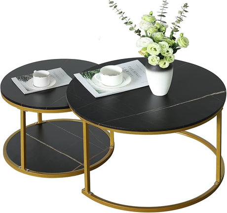 Nesting Round Coffee Table 2 Sets, Marble Look Wood Side Table