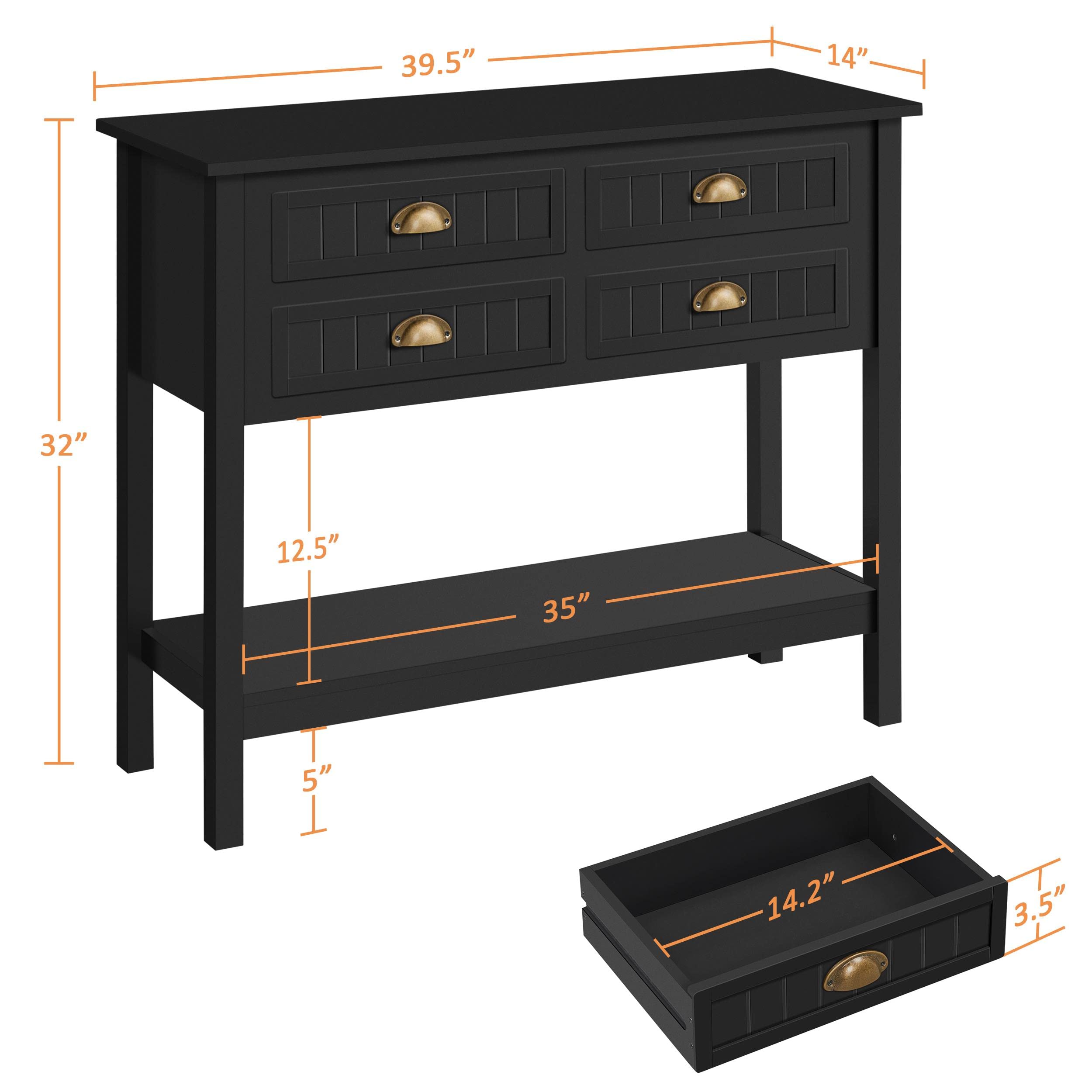 Console Table with 4 Drawers, Sofa Side Table with Bottom Open Storage Shelf,