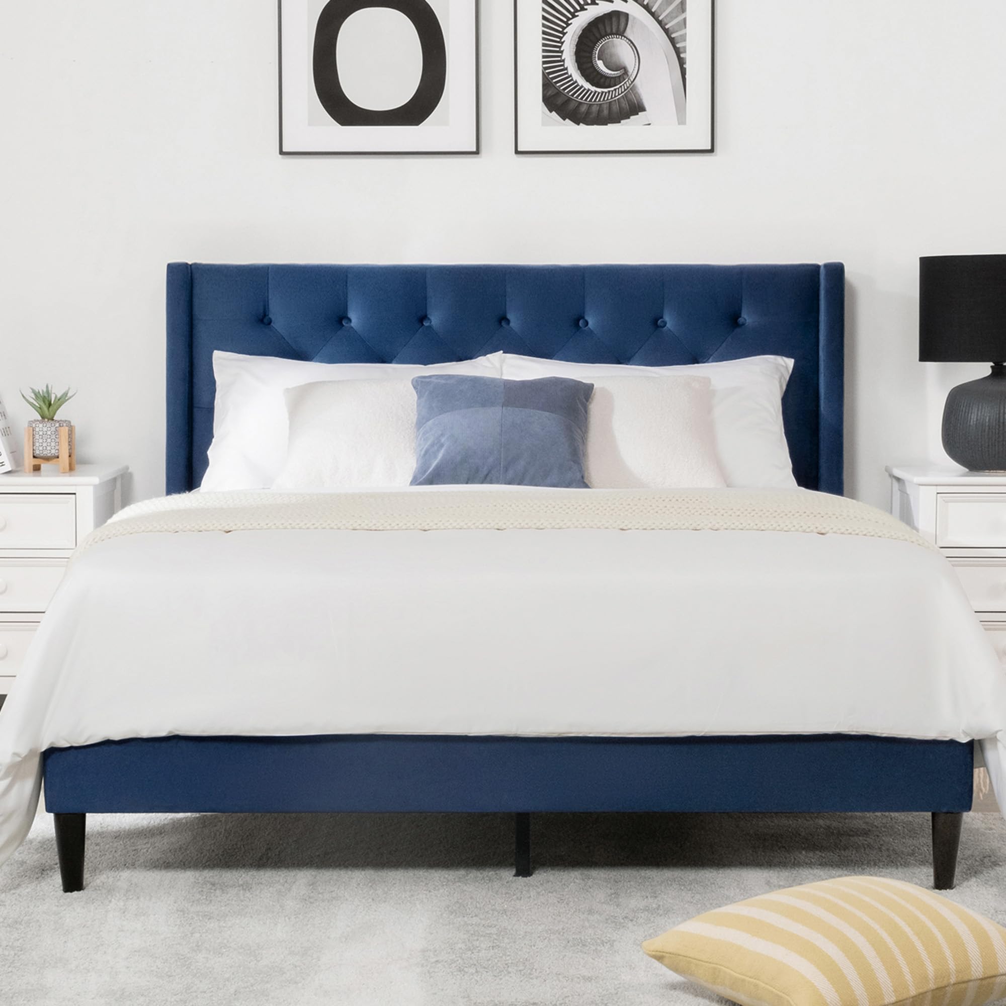 Queen Bed Frame, Velvet Upholstered Platform Bed Mattress Foundation
