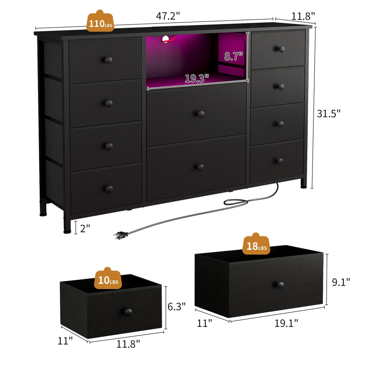 Dresser with Charging Station and LED Lights, Long Dresser for Bedroom