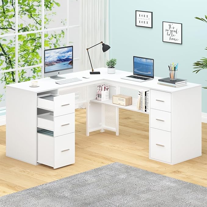 Large L Shaped Home Office Desk with Drawers, Rustic L-shaped Computer Desk