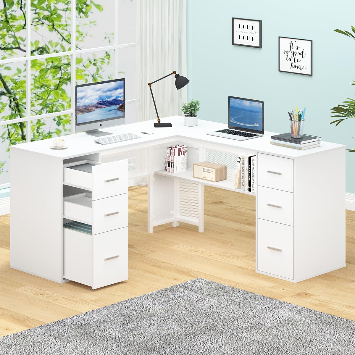 White L Shaped Desk with Drawers Shelves, Large Home Office Corner Computer Desk