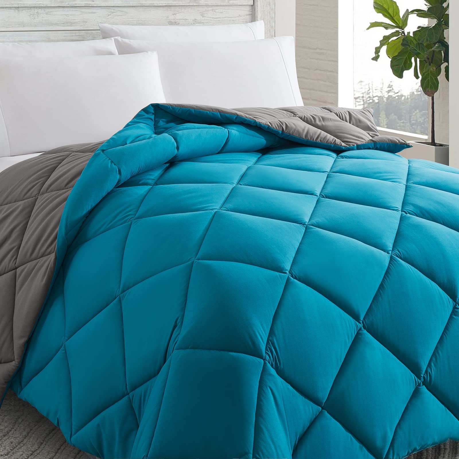 Down Alternative Comforter (Algiers Blue/Dark Grey, Full) - All Season Soft Quilted Full Size