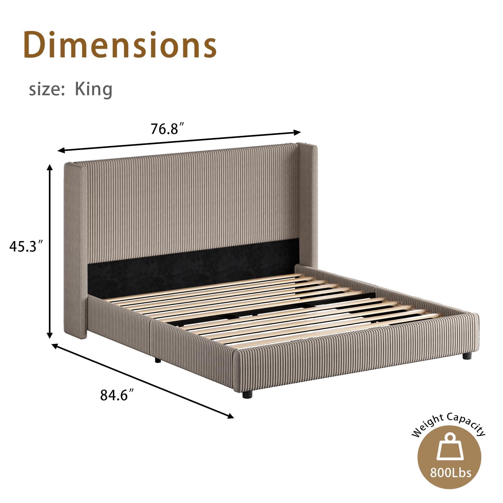 King Size Bed Frame, Upholstered Platform Bed with Vertical Channel Tufted Headboard,