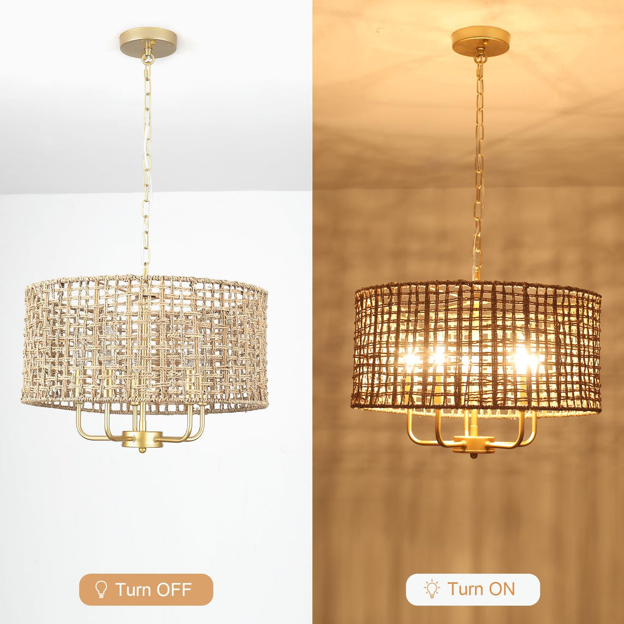 Boho Chandelier Light Fixture for Dining Room 5 Light, 18.8'' Gold Hand Woven Drum